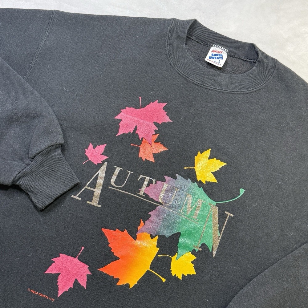 Vintage 90s Jerzees Autumn Fall Leaves Crewneck Sweatshirt Black USA Made Sz L